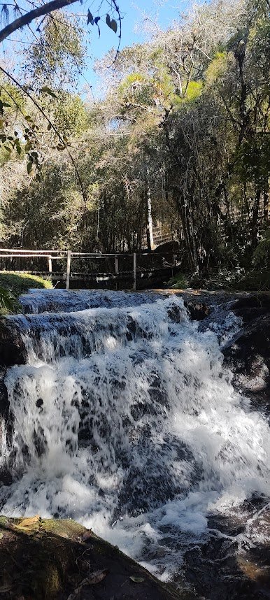 Queda d'água e passarela no ecoparque